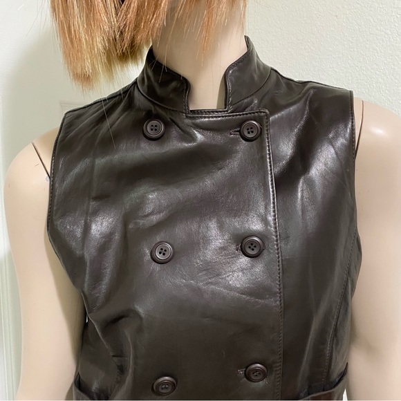 Vintage Ann Taylor Chocolate Brown Double Breasted 100% Leather Vest Petite S - Picture 2 of 13